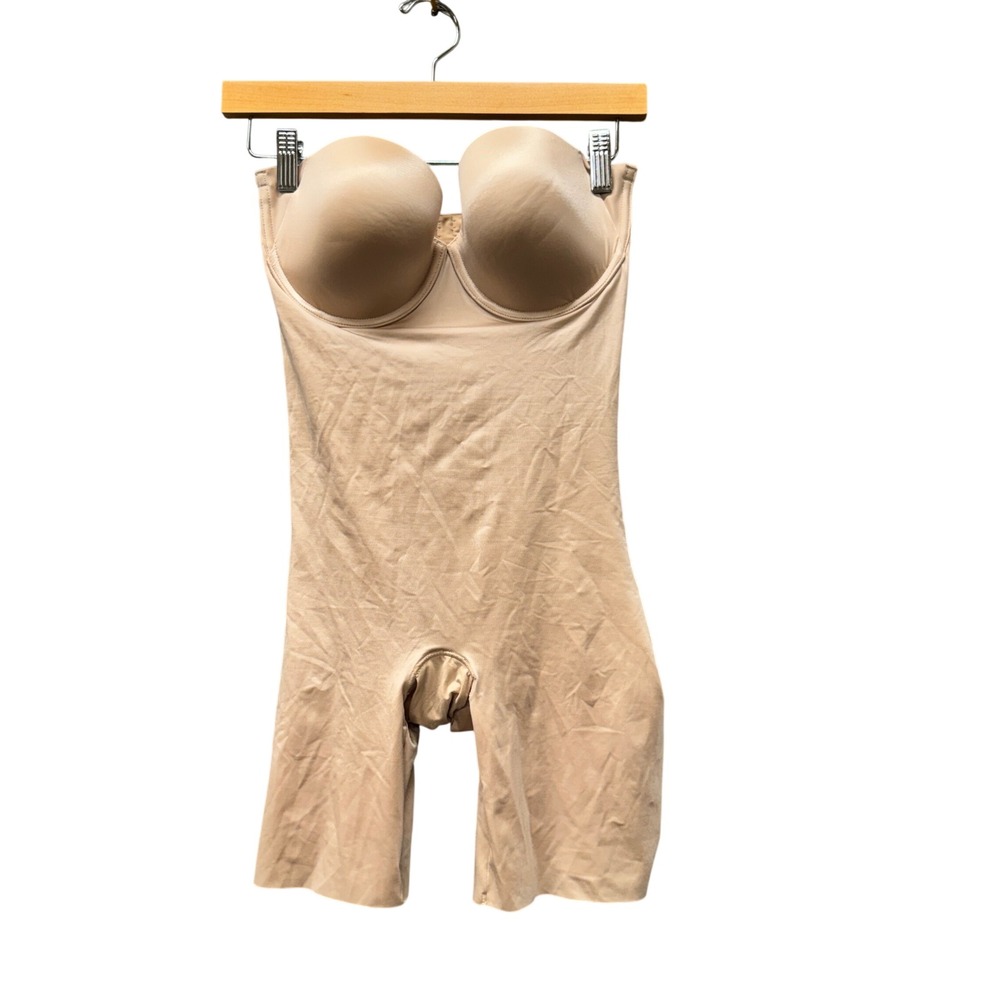 Spanx Strapless Cupped Mid-Thigh Bodysuit Womens L Suit Your Fancy Champagne